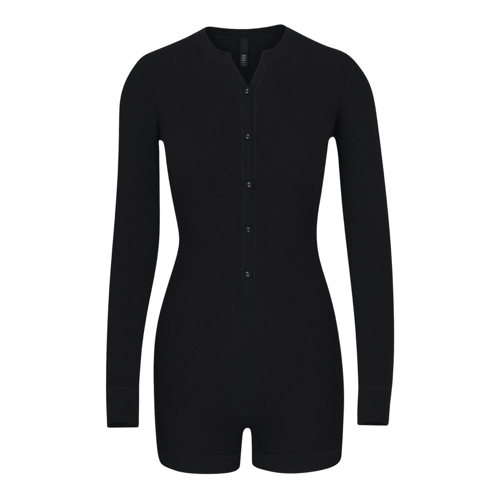 NWOT SKIMS Soft Lounge Button Up Henley Onesie in Onyx Black, Size M!!